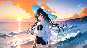 masterpiece, best quality, high quality, extremely detailed CG unity 8k wallpaper, extremely detailed, High Detail, vibrant, colors, backlight, ethereal, dreamy, soft lighting,

(1girl, solo), shirt, black hair, hat, white shirt, outdoors, sky, shorts, water, ocean, white headwear, black shorts, sun hat, sunset, photo background,

A girl standing by the sea during sunset, wearing a white lightweight blouse and black shorts, with a white wide-brimmed straw hat, The background features a calm ocean with multiple boats anchored in the distance, and the sky displaying a beautiful gradient from orange to blue, surrounded by soft clouds and gentle light reflections on the water, giving a serene and magical atmosphere,