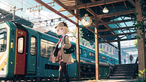 masterpiece, best quality, high quality, extremely detailed, High Detail, vibrant colors, 

(1girl, solo), virtual youtuber, amelia watson, amelia_detective, collared shirt, red necktie, plaid skirt, thighhighs, smile, holding, standing, from side, clock, pocket watch, deerstalker, detective outfit, trench coat, preparing to board a train, 

platform with train, train station, big windows, sunlight, sunlight streaming through, vintage clock on the wall, warm and inviting atmosphere, morning light, sense of adventure and anticipation