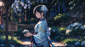 masterpiece, best quality, high quality, extremely detailed CG unity 8k wallpaper, extremely detailed, High Detail, vibrant colors, backlight, photo background, 

(1girl, solo), long hair, black hair, hair ornament, long sleeves, holding, closed mouth, standing, closed eyes, braid, flower, hair flower, wide sleeves, blurry, from side, profile, chinese clothes, realistic, branch, hanfu,

A woman in traditional Chinese clothing, wearing a light blue flowing robe, with her hair elegantly styled and adorned with delicate hair accessories, The background is filled with blooming white flowers, creating a romantic and classical atmosphere, The overall scene is ethereal and dreamy,