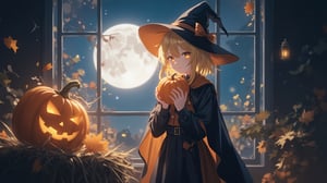 Mystical Moonlight Encounter: A young anime girl, dressed in a black cape and witch hat, holds a pumpkin with an intense gaze. Standing before a large window framing a moonlit night sky, her focus is riveted on the pumpkin. To her left, a vibrant yellow pumpkin sits atop a straw bale amidst autumn leaves, adding a burst of warmth to the enchanting scene.