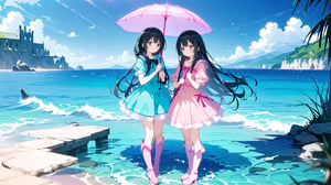 masterpiece, best quality, high quality, extremely detailed CG unity 8k wallpaper, extremely detailed, High Detail, anime style, colors, backlight, cute background, dreamy background, ethereal ambiance, magical atmosphere, fantasy elements, whimsical,

(2 girls, twins), long hair, multiple girls, black hair, dress, 2girls, boots, day, water, ocean, umbrella, knee boots, dual persona, pink footwear,

Two girls standing by the water, wearing cute dresses, long hair, holding a transparent umbrella, one in a pink dress, the other in a blue dress, fashionable boots, calm sea in the background, clear sky, refreshing and cheerful atmosphere, 