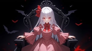 The image is an illustration of a young girl with white hair and red eyes. She is wearing a pink dress with a red bow on her head and a red collar. The dress has a high neckline and long sleeves. The girl is sitting on a black chair with her arms stretched out to the sides. The background is dark and there are bats flying around her. The overall mood of the image is eerie and mysterious.