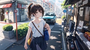 masterpiece, best quality, high quality, extremely detailed CG unity 8k wallpaper, extremely detailed, High Detail, vibrant colors, backlight, photo background, 

(1girl, solo), skirt, brown hair, shirt, brown eyes, ponytail, outdoors, parted lips, food, solo focus, bag, blue shirt, ground vehicle, building, motor vehicle, realistic, car, road, street, real world location,

woman, standing, street, blue t-shirt, white skirt, white shoulder bag, holding cute item, 7-Eleven, convenience store, background, pedestrians, vehicles, daytime,