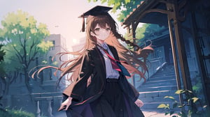 masterpiece, best quality, high quality, extremely detailed CG unity 8k wallpaper, extremely detailed, High Detail, vibrant colors, backlight, simple background,

(1girl, solo), long hair, looking at viewer, smile, brown hair, shirt, long sleeves, hat, brown eyes, white shirt, braid, necktie, collared shirt, wide sleeves, black headwear, grass, robe, black robe, cap, (graduation gown, academic gown), mortarboard,

a happy young woman in a graduation gown and cap, standing in front of a grey wall with round windows, outdoor setting, smiling, celebration,

campus features, university building, trees, academic environment, 