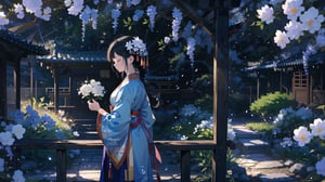 masterpiece, best quality, high quality, extremely detailed CG unity 8k wallpaper, extremely detailed, High Detail, vibrant colors, backlight, photo background, 

(1girl, solo), long hair, black hair, hair ornament, long sleeves, holding, closed mouth, standing, closed eyes, braid, flower, hair flower, wide sleeves, blurry, from side, profile, chinese clothes, realistic, branch, hanfu,

A woman in traditional Chinese clothing, wearing a light blue flowing robe, with her hair elegantly styled and adorned with delicate hair accessories, The background is filled with blooming white flowers, creating a romantic and classical atmosphere, The overall scene is ethereal and dreamy,