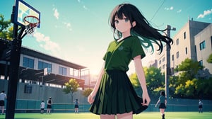 masterpiece, best quality, high quality, extremely detailed CG unity 8k wallpaper, extremely detailed, High Detail, vibrant colors, backlight, photo background,

(1girl, solo), long hair, (black hair), black eyes, looking at viewer, green top, shirt, green shirt, black skirt, shirt, standing, upper body, short sleeves, cowboy shot, pleated skirt, outdoors, day, blurry background, shirt tucked in, 

A girl wearing a green short-sleeve shirt and black pleated skirt standing on an outdoor basketball court, with a blurred background of people and a basketball hoop,