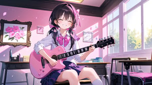 masterpiece, best quality, high quality, extremely detailed CG unity 8k wallpaper, extremely detailed, High Detail, vibrant colors, backlight, photo background, pink tones,

(1girl, solo), long hair, smile, bangs, skirt, black hair, bow, twintails, sitting, school uniform, closed eyes, indoors, low twintails, pink bow, instrument, desk, music, guitar, playing instrument, electric guitar, acoustic guitar

A girl in a school uniform sitting in a pink classroom, playing a pink guitar. The room is decorated with pink tones, a painting of smiling flowers on the wall, and plush toys in the corner,