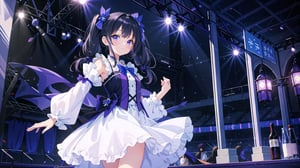 masterpiece, best quality, high quality,extremely detailed CG unity 8k wallpaper, extremely detailed, High Detail, colors, 

(1girl, solo), (idol, idol costume), long hair, black hair, dress, bow, standing, detached sleeves, white dress, hand on hip, curtains, pointing, pointing at self, stage, on stage, 

A young girl wearing a lavish purple dress with puffy sleeves and a layered skirt, Her hair is styled in twin tails with purple bows, The background is a dark blue curtain, She is smiling and posing cutely, 
