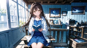 masterpiece, best quality, high quality, extremely detailed CG unity 8k wallpaper, extremely detailed, High Detail, vibrant colors, backlight, photo background, dreamy atmosphere, serene, peaceful, pastel colors,

(1girl, solo), long hair, looking at viewer, brown hair, black hair, long sleeves, dress, holding, brown eyes, sitting, jacket, indoors, lips, book, blue dress, white jacket, door,

A person wearing a white jacket and light blue dress, sitting on an indoor bench, reading a comic book,
Background with wooden doors and walls, traditional design elements,