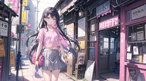 masterpiece, best quality, high quality, extremely detailed CG unity 8k wallpaper, extremely detailed, High Detail, vibrant colors, backlight, photo background, 

(1girl, solo), long hair, looking at viewer, smile, skirt, shirt, black hair, navel, jewelry, standing, short sleeves, pleated skirt, midriff, bag, bracelet, grey skirt, pink shirt, shoulder bag,

girl, pink short sleeve top, grey pleated skirt, yellow small bag, standing, blue shutter door, white text, posing with hands above head, casual outfit,