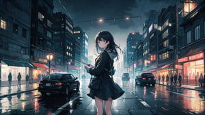 masterpiece, best quality, high quality, extremely detailed, High Detail, vibrant colors, backlight, 

(1girl, solo), long hair, looking at viewer, bangs, black hair, long sleeves, parted lips, lips, dress, standing, delicate face, soft lighting,

night, outdoors, tree, ground vehicle, city, car, road, lamppost, street, crosswalk, night city street, buildings, street lights, trees, road signs, reflections on wet ground, urban night scene, light rain, glowing neon signs, misty ambiance, bustling city, illuminated skyscrapers, busy streets, traffic lights, sidewalk, shop windows, cityscape, urban skyline, 