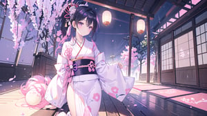 masterpiece, best quality, high quality, extremely detailed CG unity 8k wallpaper, extremely detailed, High Detail, vibrant colors, backlight, photo background, 

(1girl, solo), long hair, looking at viewer, black hair, ribbon, hair ribbon, upper body, ponytail, japanese clothes, kimono, blurry, black eyes, blurry background, pink ribbon, yukata,

A woman wearing a traditional Japanese kimono with geometric patterns in pink, blue, and white colors, Her hair is tied in a low ponytail with pink hair accessories, The background features a purple curtain with a white emblem, suggesting a traditional setting, wide shot, full body view, traditional Japanese room, tatami mats, shoji screen, lanterns, serene atmosphere, distant view,