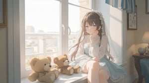 A girl in a light blue lace dress sitting by a windowsill with two plush toys, dressed in a white dress with a veil on her head, is seated on a white window sill. She is smiling, her left hand resting on her chin, adding a touch of warmth to the scene. The teddy bear on the left is a light brown color, while the teddy on the right is a darker shade of brown. The woman's hair is dark brown, and her eyes are a piercing blue. The wall behind her is a creamy white, and the window is adorned with a blue and white striped awning. soft lighting, warm and cozy atmosphere, blurred outdoor scene through the window.