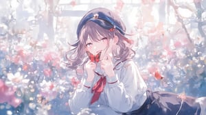 A stunning digital illustration of a single girl posing solo in front of a simple background with a dreamy, pastel-colored garden filled with blooming flowers and butterflies. She wears a white long-sleeved shirt with a red necktie and a black skirt, complete with low twintails and bangs framing her face. Her hair falls between her eyes, and she keeps her parted lips closed, showcasing a subtle smirk. The focus is on her bust shot as she holds a red butterfly specimen in front of her. A black and blue military hat sits atop her head, adding an air of uniformity to the overall design. Soft shadows enhance the dreamcore atmosphere, inviting the viewer to step into this whimsical world.