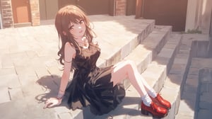 (1girl, solo), long hair, looking at viewer, skirt, brown hair, dress, brown eyes, jewelry, sitting, full body, outdoors, shoes, sleeveless, socks, black skirt, necklace, black dress, lips, shadow, white socks, red footwear, stairs,

A woman sitting on outdoor steps, wearing a black sleeveless dress, long wavy hair, white socks, and red patent leather chunky shoes. Sunlight casting long shadows, with a brick wall and door in the background