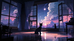 masterpiece, best quality, high quality, backlight, (midjourney), midjourney style, anime style, wallpaper, blue tone, blue background, 

(cat, a black cat, cute, (silhouette)), sitting, sky, cloud, indoors, (no humans:1.5), window, cloudy sky, curtains, scenery, blue sky, open window, windowsill,

A black cat sitting by the window, looking out at a sky transitioning from bright daytime with fluffy white clouds, through a twilight sky with pink and purple hues, to a night sky full of stars and dark clouds, curtains gently framing the view, soft light transitioning from day to night