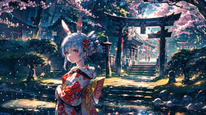 //Quality
(((best quality, 8k wallpaper))), ((detailed eyes, detailed illustration, masterpiece, ultra-detailed)),

//Charater
1girl, solo, usada pekora, 
kimono1, (red kimono:1.5), wearing kimono, wearing new year kimono, 

// Pose
upper body, (dynamic angle), 
looking at viewer, 

// Background
((detailed background)), midjourney, yofukashi background,perfect light, (cherry blossoms), extremely delicate and beautiful, ((background: shrine, night stars iridescent)), ((nightime, detailed stars)), Night view in the shrine, A girl prays in front of a shrine at night, behind her is a row of lanterns and a red torii gate