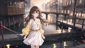 masterpiece, best quality, high quality, extremely detailed CG unity 8k wallpaper, extremely detailed, High Detail, vibrant colors, backlight, simple background, night background, night, yellow background, yellow tones, 

(1girl, solo), long hair, looking at viewer, brown hair, dress, brown eyes, jewelry, earrings, outdoors, belt, white dress, sleeves past wrists, photo background, real world location,

A young girl standing by a riverside at night, wearing a red knit cardigan and a white dress, The background features a river with reflections of lights and a bridge, The scene is set in a peaceful and romantic nighttime atmosphere,