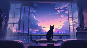 masterpiece, best quality, high quality, backlight, (midjourney), midjourney style, anime style, wallpaper, blue tone, blue background, 

(cat, a black cat, cute, (silhouette)), sitting, sky, cloud, indoors, (no humans:1.5), window, cloudy sky, curtains, scenery, blue sky, open window, windowsill,

A black cat sitting by the window, looking out at a sky transitioning from bright daytime with fluffy white clouds, through a twilight sky with pink and purple hues, to a night sky full of stars and dark clouds, curtains gently framing the view, soft light transitioning from day to night