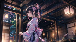 masterpiece, best quality, high quality, extremely detailed CG unity 8k wallpaper, extremely detailed, High Detail, vibrant colors, backlight, photo background, 

(1girl, solo), long hair, looking at viewer, black hair, ribbon, hair ribbon, upper body, ponytail, japanese clothes, kimono, blurry, black eyes, blurry background, pink ribbon, yukata,

A woman wearing a traditional Japanese kimono with geometric patterns in pink, blue, and white colors, Her hair is tied in a low ponytail with pink hair accessories, The background features a purple curtain with a white emblem, suggesting a traditional setting, wide shot, full body view, traditional Japanese room, tatami mats, shoji screen, lanterns, serene atmosphere, distant view,