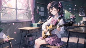 masterpiece, best quality, high quality, extremely detailed CG unity 8k wallpaper, extremely detailed, High Detail, vibrant colors, backlight, photo background, pink tones,

(1girl, solo), long hair, smile, bangs, skirt, black hair, bow, twintails, sitting, school uniform, closed eyes, indoors, low twintails, pink bow, instrument, desk, music, guitar, playing instrument, electric guitar, acoustic guitar

A girl in a school uniform sitting in a pink classroom, playing a pink guitar. The room is decorated with pink tones, a painting of smiling flowers on the wall, and plush toys in the corner,