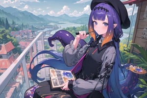 (((best quality, 8k wallpaper))), ((detailed eyes, detailed illustration, masterpiece)),
ninomae ina'nis, inapainter, tentacle hair, long hair, cute grey dress, beret, painting on a easel, holding a paint brush, balcony scenery, blue cloudy sky scenery, plants and flowers, mountains scenery