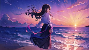 masterpiece, best quality, high quality, extremely detailed CG unity 8k wallpaper, extremely detailed, High Detail, colors, purple tone, 

(1girl, solo), long hair, skirt, shirt, black hair, long sleeves, standing, white shirt, outdoors, sky, cloud, black skirt, water, from behind, shadow, ocean, beach, cloudy sky, scenery, sunset, long skirt, horizon, waves,

A girl standing by the seaside at sunset, back facing the camera, wearing a long sleeve shirt and a long skirt, hands behind her back, serene and solitary atmosphere, pink and purple sky, sun near the horizon, tranquil feeling, sea waves gently touching the shore, reflecting the sunset glow,girl