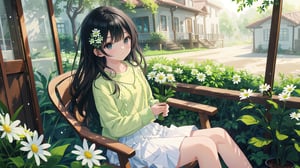 masterpiece, best quality, high quality, extremely detailed CG unity 8k wallpaper, extremely detailed, High Detail, vibrant colors, backlight, photo background, 

1girl, solo, long hair, bangs, skirt, shirt, black hair, long sleeves, holding, jewelry, flower, outdoors, parted lips, black eyes, lips, looking to the side, window, ring, white skirt, plant, white flower, green shirt, holding flower,

a woman holding white daisies, wearing a green knitted sweater, long straight hair, outdoor setting with wooden window and green plants, serene atmosphere, 