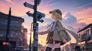 masterpiece, best quality, high quality, extremely detailed, High Detail, vibrant colors, backlight, colorful, illustration, purple and pink hues

(1girl, solo), short hair, blue eyes, blonde hair, monocle hair ornament, from side, virtual youtuber, amelia watson, watson amelia, amelia_detective, collared shirt, red necktie, plaid skirt, thighhighs, (detective accessories:0) deerstalker, brown capelet, pocket watch, stethoscope, syringe, 

outdoors, sky, cloud, wind, sunset, sunset sky, large clouds, detective outfit, plaid hat, wind blowing, soft lighting, outdoor scene, bus stop sign