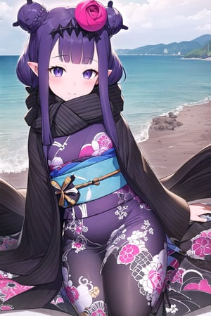 (((best quality, 8k wallpaper))), ((detailed eyes, detailed illustration, masterpiece)),(sea ​​background),ninomae ina'nis, inanewyears, haori, print kimono, black scarf, double bun, hair flower, 