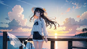 masterpiece, best quality, high quality, extremely detailed CG unity 8k wallpaper, extremely detailed, High Detail, vibrant, colors, backlight, ethereal, dreamy, soft lighting,

(1girl, solo), shirt, black hair, hat, white shirt, outdoors, sky, shorts, water, ocean, white headwear, black shorts, sun hat, sunset, photo background,

A girl standing by the sea during sunset, wearing a white lightweight blouse and black shorts, with a white wide-brimmed straw hat, The background features a calm ocean with multiple boats anchored in the distance, and the sky displaying a beautiful gradient from orange to blue, surrounded by soft clouds and gentle light reflections on the water, giving a serene and magical atmosphere,