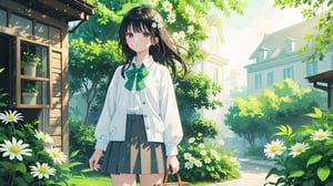 masterpiece, best quality, high quality, extremely detailed CG unity 8k wallpaper, extremely detailed, High Detail, vibrant colors, backlight, photo background, 

1girl, solo, long hair, bangs, skirt, shirt, black hair, long sleeves, holding, jewelry, flower, outdoors, parted lips, black eyes, lips, looking to the side, window, ring, white skirt, plant, white flower, green shirt, holding flower,

a woman holding white daisies, wearing a green knitted sweater, long straight hair, outdoor setting with wooden window and green plants, serene atmosphere, 