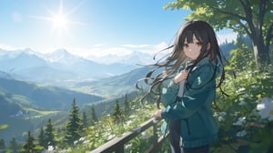 (1girl, solo), long hair, smile, brown hair, black hair, long sleeves, upper body, outdoors, sky, day, sweater, tree, blue sky, sleeves past wrists, mountain, teal jacket, scenic mountain landscape, clear blue skies, sunlight, green vegetation, majestic mountains, gentle breeze, wildflowers, warm glow, peaceful atmosphere