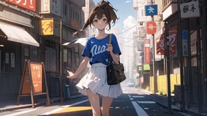 masterpiece, best quality, high quality, extremely detailed CG unity 8k wallpaper, extremely detailed, High Detail, vibrant colors, backlight, photo background, 

(1girl, solo), skirt, brown hair, shirt, brown eyes, ponytail, outdoors, parted lips, food, solo focus, bag, blue shirt, ground vehicle, building, motor vehicle, realistic, car, road, street, real world location,

woman, standing, street, blue t-shirt, white skirt, white shoulder bag, holding cute item, 7-Eleven, convenience store, background, pedestrians, vehicles, daytime,