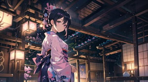 masterpiece, best quality, high quality, extremely detailed CG unity 8k wallpaper, extremely detailed, High Detail, vibrant colors, backlight, photo background, 

(1girl, solo), long hair, looking at viewer, black hair, ribbon, hair ribbon, upper body, ponytail, japanese clothes, kimono, blurry, black eyes, blurry background, pink ribbon, yukata,

A woman wearing a traditional Japanese kimono with geometric patterns in pink, blue, and white colors, Her hair is tied in a low ponytail with pink hair accessories, The background features a purple curtain with a white emblem, suggesting a traditional setting, wide shot, full body view, traditional Japanese room, tatami mats, shoji screen, lanterns, serene atmosphere, distant view,