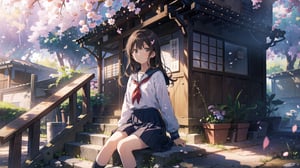 masterpiece, best quality, high quality, extremely detailed CG unity 8k wallpaper, extremely detailed, High Detail, anime style, colors, backlight, bright, vibrant,

(1girl, solo), long hair, looking at viewer, bangs, skirt, brown hair, shirt, black hair, long sleeves, holding, brown eyes, sitting, school uniform, white shirt, pleated skirt, outdoors, food, serafuku, black skirt, sailor collar, feet out of frame, holding food, stairs, juice, sitting on stairs,

A young girl in a Japanese sailor school uniform, sitting on outdoor stone stairs, drinking a juice pouch, sunny day, natural and cute expression, gentle sunlight, cherry blossom petals falling, warm and serene atmosphere