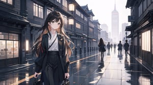 masterpiece, best quality, high quality, extremely detailed CG unity 8k wallpaper, extremely detailed, High Detail, vibrant colors, backlight, photo background,

(1girl, solo), solo focus, lips, brown eyes, long hair, black hair, black outfit, long sleeves, skirt, black pants, accessories, outdoors,

Tokyo Station, red brick building, building, city, road, street, modern skyscrapers, wide plaza, grey stone tiles, green lawn, no other people