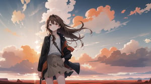 masterpiece, best quality, high quality, extremely detailed CG unity 8k wallpaper, extremely detailed, High Detail, vibrant colors, backlight, photo background, 

(1girl, solo), long hair, looking at viewer, smile, skirt, brown hair, long sleeves, standing, jacket, outdoors, coat,

A person wearing a black jacket standing in front of a vast desert landscape with rocky formations and a cloudy sky, A vast desert landscape with reddish-orange rock formations, eroded geological structures, and flat rock plateaus in the distance under a cloudy sky,