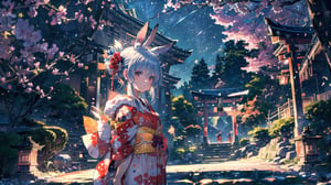 //Quality
(((best quality, 8k wallpaper))), ((detailed eyes, detailed illustration, masterpiece, ultra-detailed)),

//Charater
1girl, solo, usada pekora, 
kimono1, (red kimono:1.5), wearing kimono, wearing new year kimono, 

// Pose
upper body, (dynamic angle), 
looking at viewer, 

// Background
((detailed background)), midjourney, yofukashi background,perfect light, (cherry blossoms), extremely delicate and beautiful, ((background: shrine, night stars iridescent)), ((nightime, detailed stars)), Night view in the shrine, A girl prays in front of a shrine at night, behind her is a row of lanterns and a red torii gate