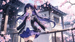 masterpiece, best quality, high quality, extremely detailed CG unity 8k wallpaper, extremely detailed, High Detail, vibrant colors, backlight, photo background, 

(1girl, solo), Tohka Yatogami, yatogami_tohka, yatogami_tohka, tohka (date a live), long hair, breasts, looking at viewer, blush, smile, open mouth, bangs, skirt, shirt, black hair, thighhighs, long sleeves, ribbon, hair between eyes, medium breasts, very long hair, school uniform, standing, purple eyes, jacket, hair ribbon, white shirt, flower, :d, cowboy shot, pleated skirt, outdoors, collared shirt, black thighhighs, miniskirt, red ribbon, blue skirt, zettai ryouiki, petals, neck ribbon, floating hair, blazer, outstretched arm, cherry blossoms, outstretched hand, stairs,

Anime girl, long black hair, wearing blue school uniform with red ribbon, standing under cherry blossom tree, petals falling, spring atmosphere, inviting gesture, detailed, vibrant colors, high resolution,