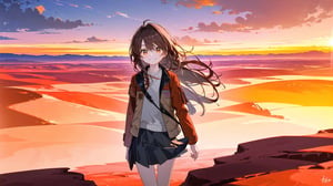 masterpiece, best quality, high quality, extremely detailed CG unity 8k wallpaper, extremely detailed, High Detail, vibrant colors, backlight, photo background, 

(1girl, solo), long hair, looking at viewer, smile, skirt, brown hair, long sleeves, standing, jacket, outdoors, coat,

A person wearing a black jacket standing in front of a vast desert landscape with rocky formations and a cloudy sky, A vast desert landscape with reddish-orange rock formations, eroded geological structures, and flat rock plateaus in the distance under a cloudy sky,