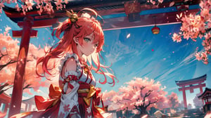 //Quality
(((best quality, 8k wallpaper))), ((detailed eyes, detailed illustration, masterpiece, ultra-detailed)),

//Charater
1girl, solo, Sakura Miko, SakuraMiko, 
MikoBase, long hair, ahoge, one side up, hair bell, cherry blossom print, nontraditional miko, frills, single thighhigh, bridal garter,

// Pose
upper body, (dynamic angle), 
looking at viewer, 

// Background
((detailed background)), midjourney, yofukashi background,perfect light, (cherry blossoms), extremely delicate and beautiful, ((background: shrine, day, daylight), Day view in the shrine, A girl prays in front of a shrine at daytime, behind her is a red torii gate, 