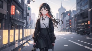 masterpiece, best quality, high quality, extremely detailed CG unity 8k wallpaper, extremely detailed, High Detail, vibrant colors, backlight, photo background,

(1girl, solo), solo focus, lips, brown eyes, long hair, black hair, black outfit, long sleeves, skirt, black pants, accessories, outdoors,

Tokyo Station, red brick building, building, city, road, street, modern skyscrapers, wide plaza, grey stone tiles, green lawn, no other people