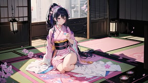 masterpiece, best quality, high quality, extremely detailed CG unity 8k wallpaper, extremely detailed, High Detail, vibrant colors, backlight, photo background, 

(1girl, solo), long hair, looking at viewer, black hair, ribbon, hair ribbon, upper body, ponytail, japanese clothes, kimono, blurry, black eyes, blurry background, pink ribbon, yukata,

A woman wearing a traditional Japanese kimono with geometric patterns in pink, blue, and white colors, Her hair is tied in a low ponytail with pink hair accessories, The background features a purple curtain with a white emblem, suggesting a traditional setting, wide shot, full body view, traditional Japanese room, tatami mats, shoji screen, lanterns, serene atmosphere, distant view,