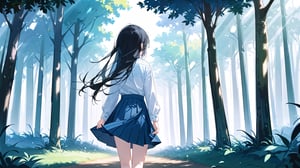 masterpiece, best quality, high quality, extremely detailed CG unity 8k wallpaper, extremely detailed, High Detail, vibrant, colors, backlight, simple background, ethereal, dreamy, soft light, pastel hues,

1girl, solo, long hair, skirt, shirt, black hair, long sleeves, standing, outdoors, striped, from behind, tree, blue skirt, long skirt, striped shirt, fence, facing away,

A girl with long black hair, wearing a striped long-sleeve shirt and a dark blue skirt, walking on a forest path surrounded by trees, The ground is covered with fallen leaves, creating a tranquil and natural atmosphere, soft glow, misty background, gentle breeze, warm tones, soft focus,