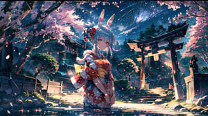 //Quality
(((best quality, 8k wallpaper))), ((detailed eyes, detailed illustration, masterpiece, ultra-detailed)),

//Charater
1girl, solo, usada pekora, 
kimono1, (red kimono:1.5), wearing kimono, wearing new year kimono, 

// Pose
upper body, (dynamic angle), 
looking at viewer, 

// Background
((detailed background)), midjourney, yofukashi background,perfect light, (cherry blossoms), extremely delicate and beautiful, ((background: shrine, night stars iridescent)), ((nightime, detailed stars)), Night view in the shrine, A girl prays in front of a shrine at night, behind her is a row of lanterns and a red torii gate