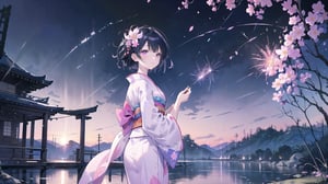 masterpiece, best quality, high quality, extremely detailed CG unity 8k wallpaper, extremely detailed, High Detail, vibrant colors, backlight, photo background, dreamy atmosphere, serene, peaceful, pastel colors,

1girl, solo, short hair, black hair, hair ornament, flower, japanese clothes, hair flower, kimono, blurry, lips, sash, looking up, yukata, fireworks, sparkler,

A woman wearing a traditional light purple kimono, holding a sparkler at night, She has pink and white flowers in her hair, The background features a water surface with colorful, blurred lights, creating a dreamy atmosphere,