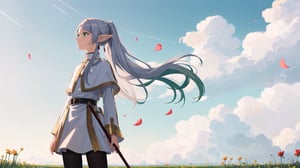 masterpiece, best quality, high quality, extremely detailed CG unity 8k wallpaper, extremely detailed, High Detail, vibrant colors, backlight, photo background, 

(1girl, solo), frieren, long hair, twintails, (green eyes:1.5), grey hair, pointy ears, elf, shirt, long sleeves, jewelry, pantyhose, earrings, striped, black pantyhose, capelet, striped shirt, 

upper body, outdoors, sky, pointy ears, cloud, hand up, blurry, from side, petals, floating hair, field,

A fantasy elf girl with long silver hair, standing in a field of flowers with a dreamy sky background, She is holding a magical staff and her hair is flowing in the wind, The scene is serene and filled with soft light, 