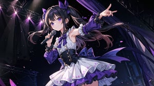 masterpiece, best quality, high quality,extremely detailed CG unity 8k wallpaper, extremely detailed, High Detail, colors, 

(1girl, solo), (idol, idol costume), long hair, black hair, dress, bow, standing, detached sleeves, white dress, hand on hip, curtains, pointing, pointing at self, stage, on stage, 

A young girl wearing a lavish purple dress with puffy sleeves and a layered skirt, Her hair is styled in twin tails with purple bows, The background is a dark blue curtain, She is smiling and posing cutely, 