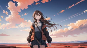 masterpiece, best quality, high quality, extremely detailed CG unity 8k wallpaper, extremely detailed, High Detail, vibrant colors, backlight, photo background, 

(1girl, solo), long hair, looking at viewer, smile, skirt, brown hair, long sleeves, standing, jacket, outdoors, coat,

A person wearing a black jacket standing in front of a vast desert landscape with rocky formations and a cloudy sky, A vast desert landscape with reddish-orange rock formations, eroded geological structures, and flat rock plateaus in the distance under a cloudy sky,